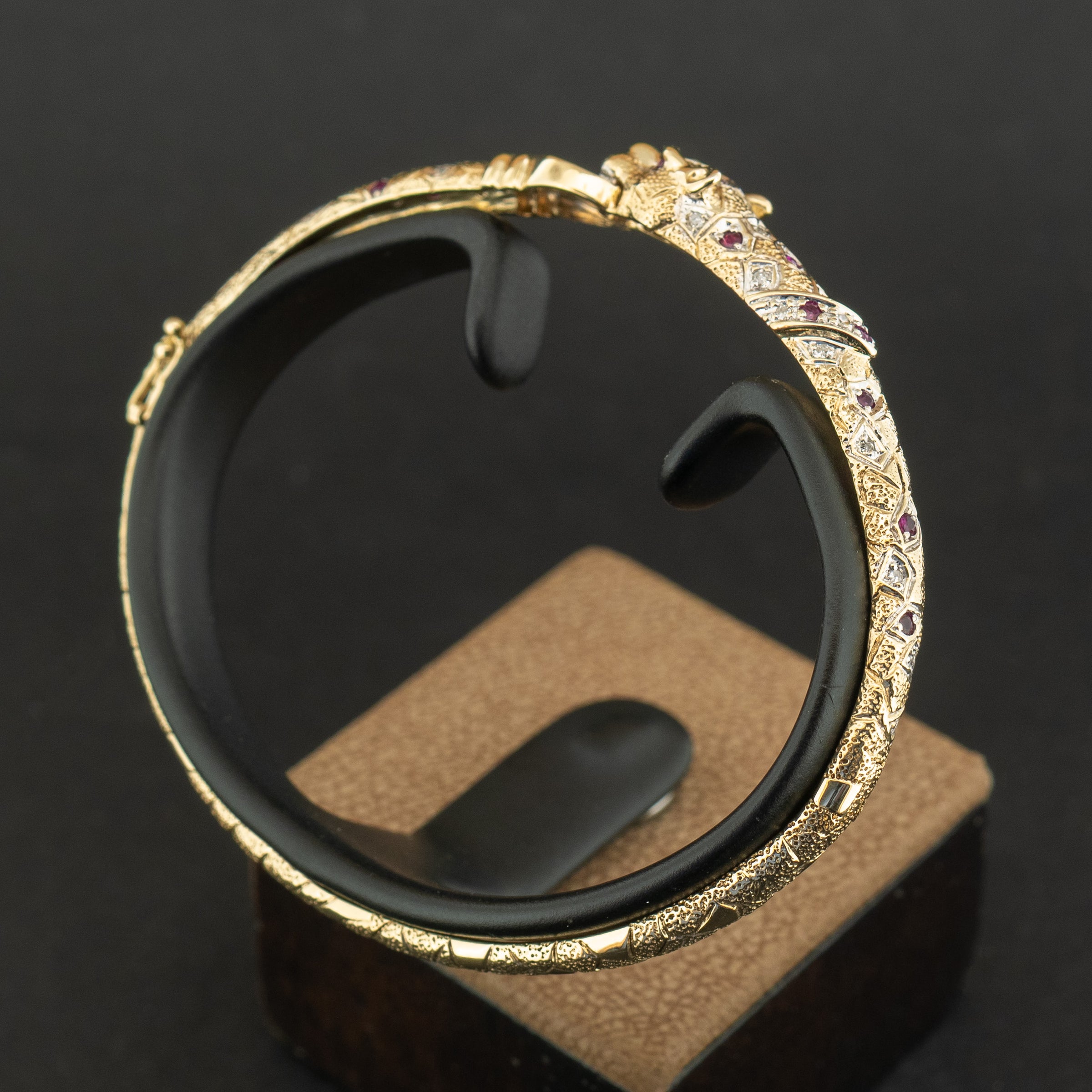 9ct Yellow Gold Leopard Ruby and Diamond Bangle 10.6g