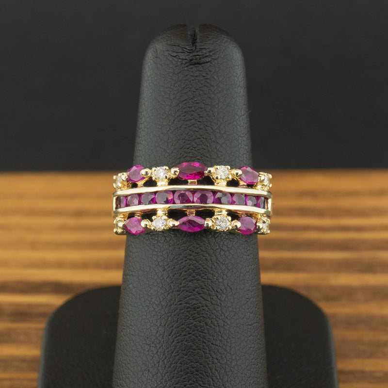 9ct Yellow Gold Created Ruby and Diamond Cluster Ring Size K 3.2g