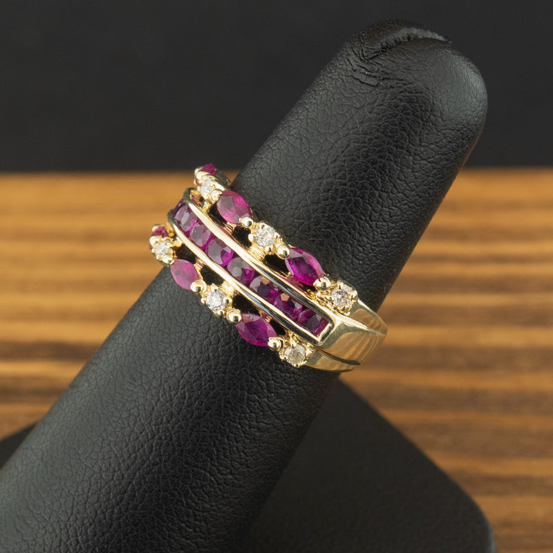 9ct Yellow Gold Created Ruby and Diamond Cluster Ring Size K 3.2g
