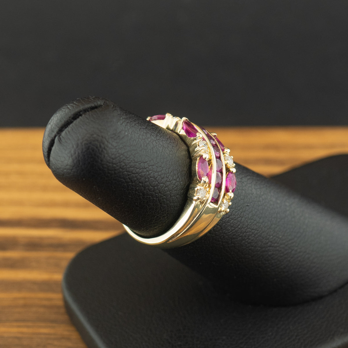 9ct Yellow Gold Created Ruby and Diamond Cluster Ring Size K 3.2g