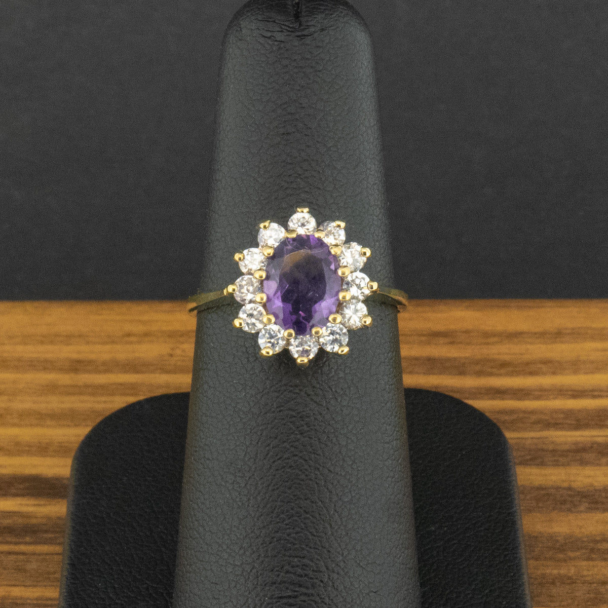 9ct Yellow Gold Amethyst & CZ Cluster Ring Size K 1/2 2.1g