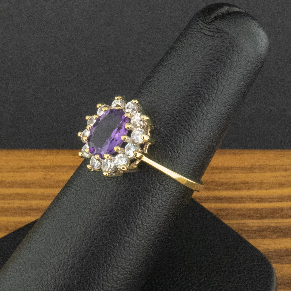 9ct Yellow Gold Amethyst & CZ Cluster Ring Size K 1/2 2.1g