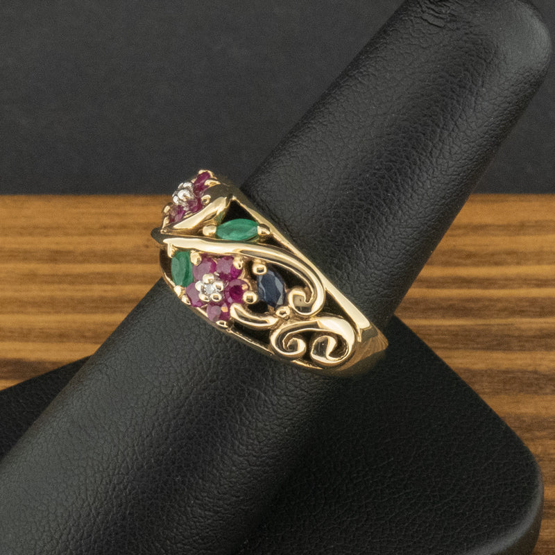 9ct Gold Ruby, Sapphire, Emerald & Diamond Flower Ring Size N 1/2 4.4g