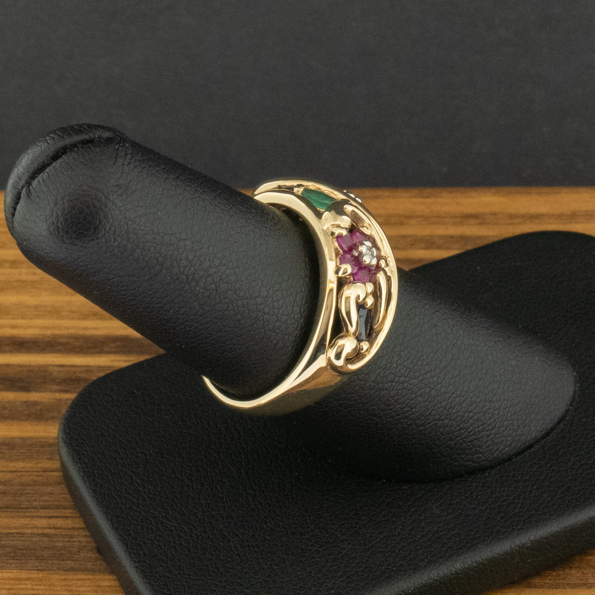 9ct Gold Ruby, Sapphire, Emerald & Diamond Flower Ring Size N 1/2 4.4g