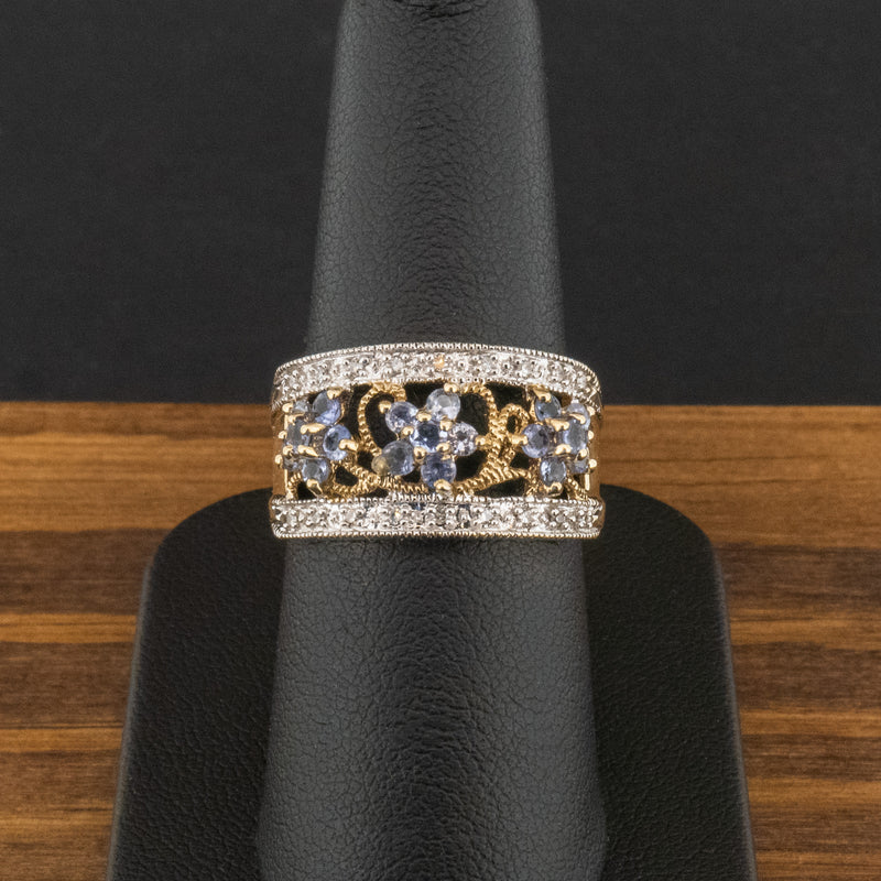 9ct Yellow Gold Blue Stone & Diamond Flower Ring Size O 3.3g