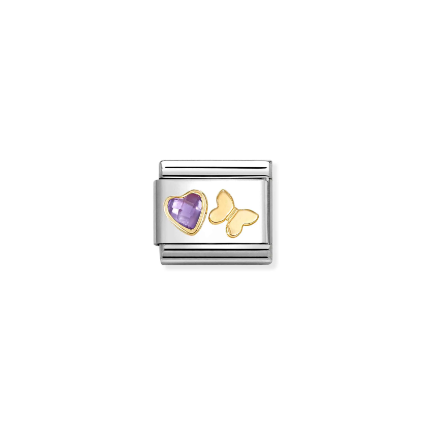Nomination Purple CZ Heart with Butterfly 18ct Gold and Stainless Steel Composable Charm