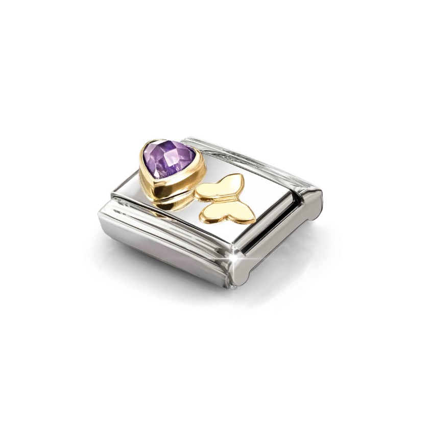 Nomination Purple CZ Heart with Butterfly 18ct Gold and Stainless Steel Composable Charm