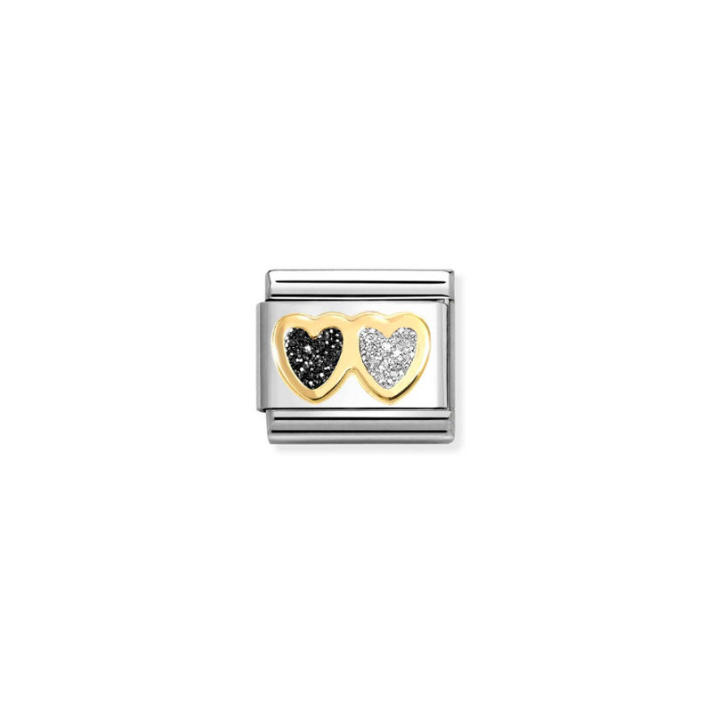 Nomination Black and White Glitter Hearts 18ct Gold and Stainless Steel Composable Charm