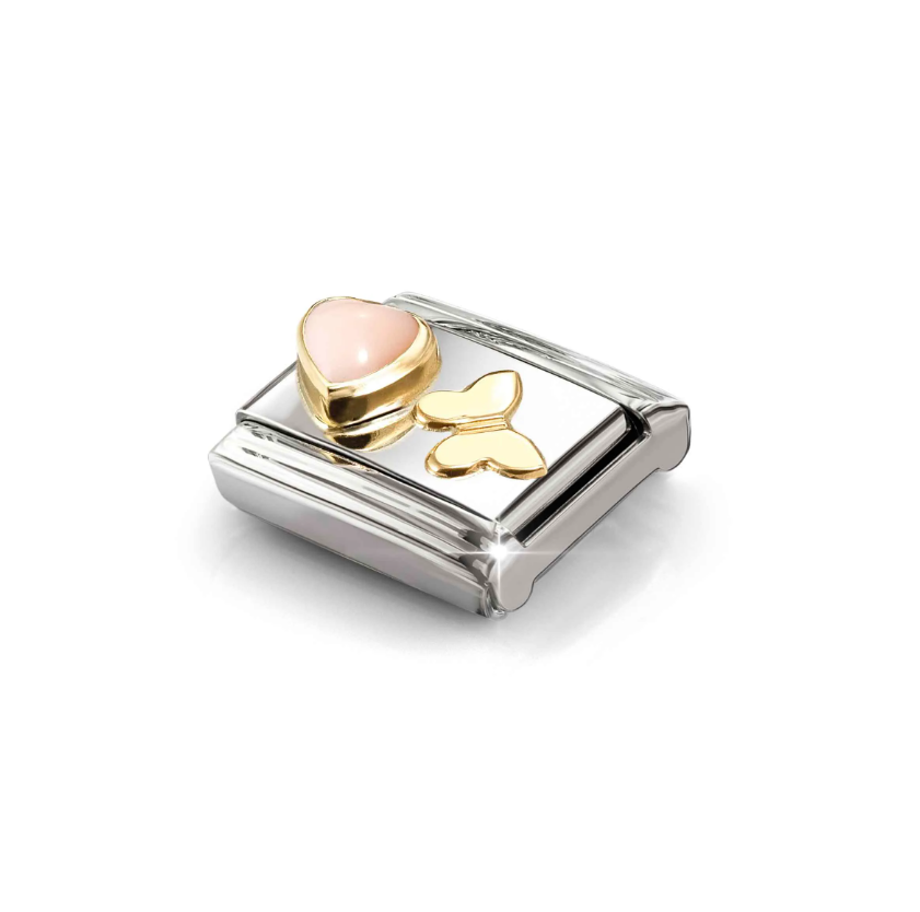 Nomination Pink Coral Heart with Butterfly 18ct Gold and Stainless Steel Composable Charm
