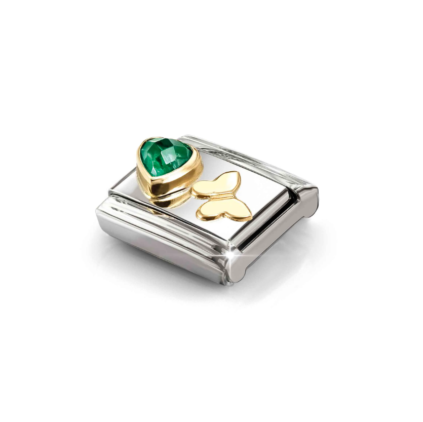 Nomination Green CZ Heart with Butterfly 18ct Gold and Stainless Steel Composable Charm