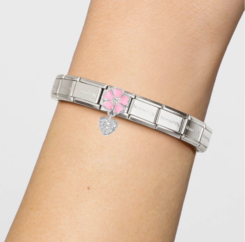 Nomination Pink Flower with CZ Heart Sterling Silver and Stainless Steel Composable Charm