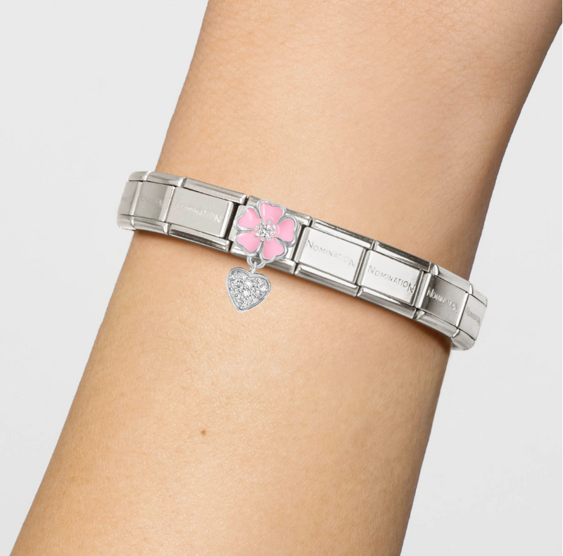 Nomination Pink Flower with CZ Heart Sterling Silver and Stainless Steel Composable Charm