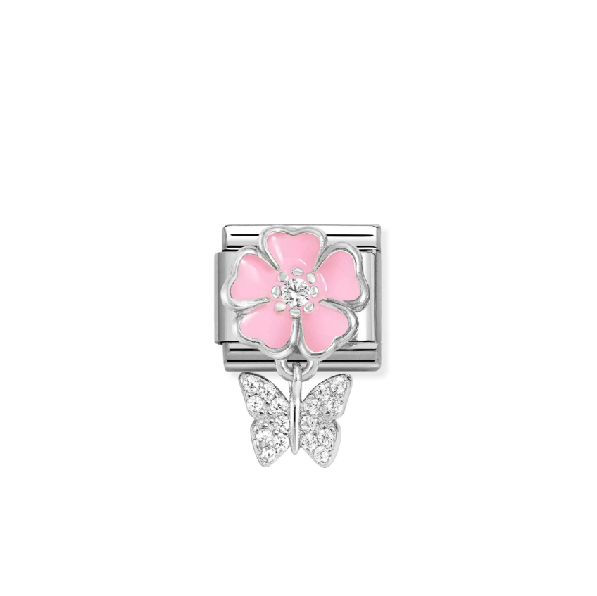 Nomination Pink Flower with CZ Butterfly Pendant Sterling Silver and Stainless Steel Composable Charm