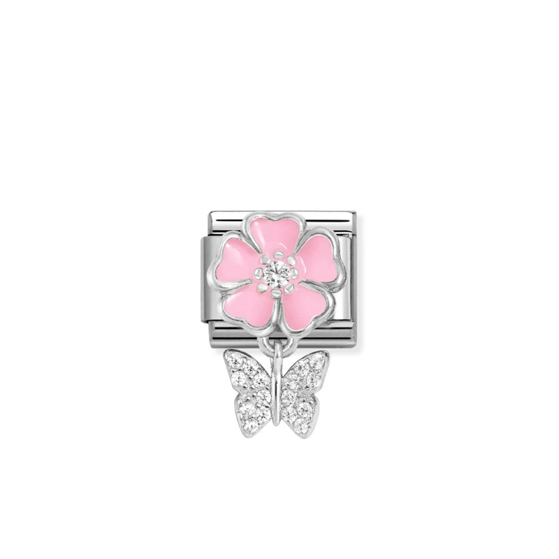 Nomination Pink Flower with CZ Butterfly Pendant Sterling Silver and Stainless Steel Composable Charm