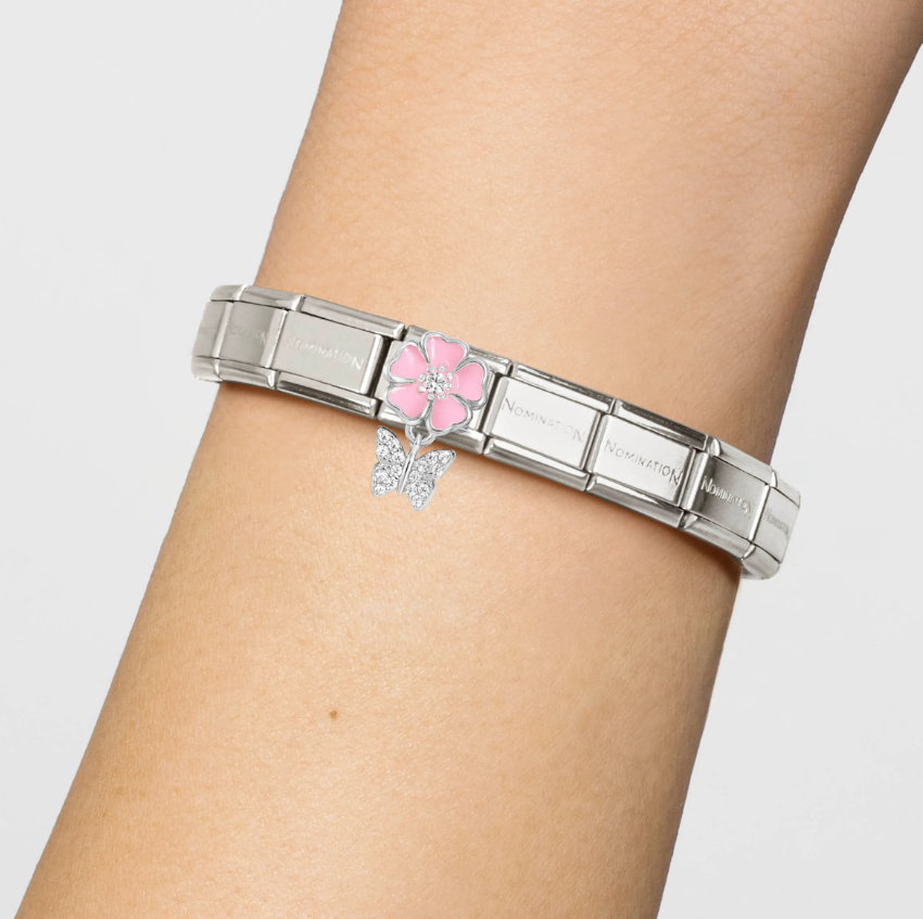 Nomination Pink Flower with CZ Butterfly Pendant Sterling Silver and Stainless Steel Composable Charm