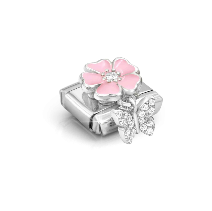 Nomination Pink Flower with CZ Butterfly Pendant Sterling Silver and Stainless Steel Composable Charm