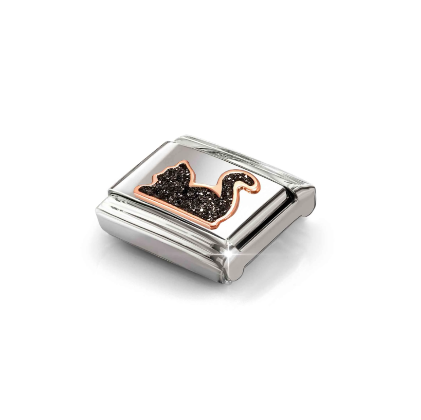 Nomination Black Glitter Cat 9ct Gold and Stainless Steel Composable Charm