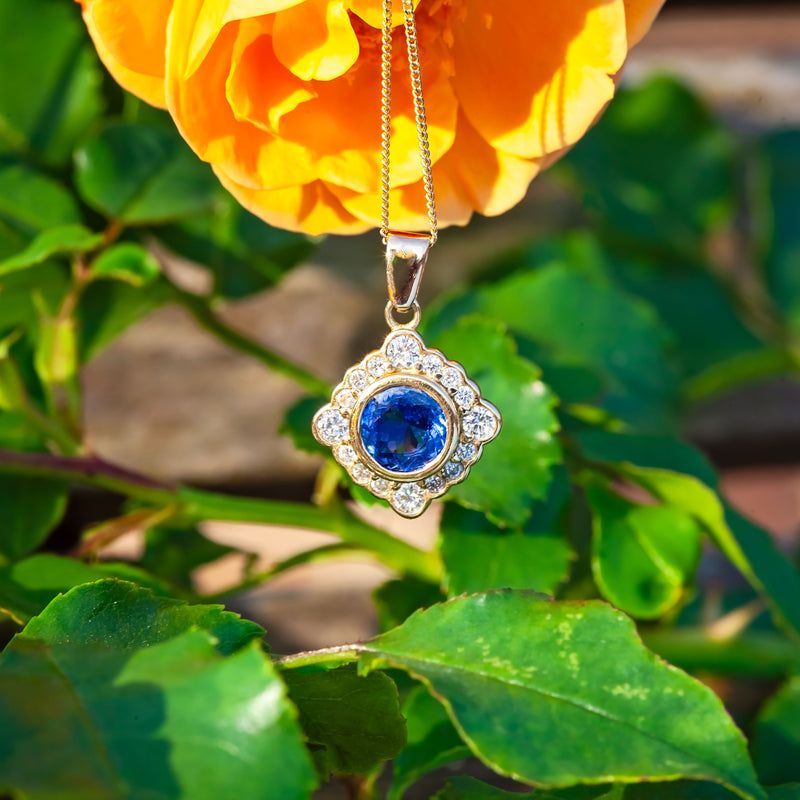 18ct Yellow Gold 1.43ct Sapphire and Diamond Halo Necklace