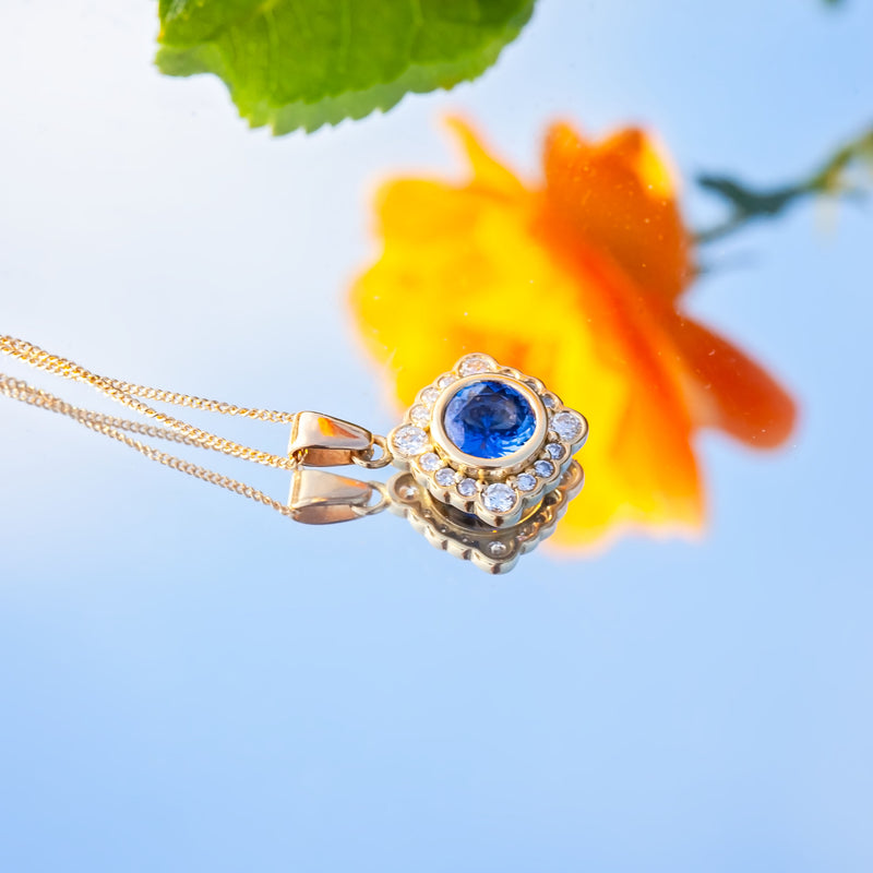 18ct Yellow Gold 1.43ct Sapphire and Diamond Halo Necklace