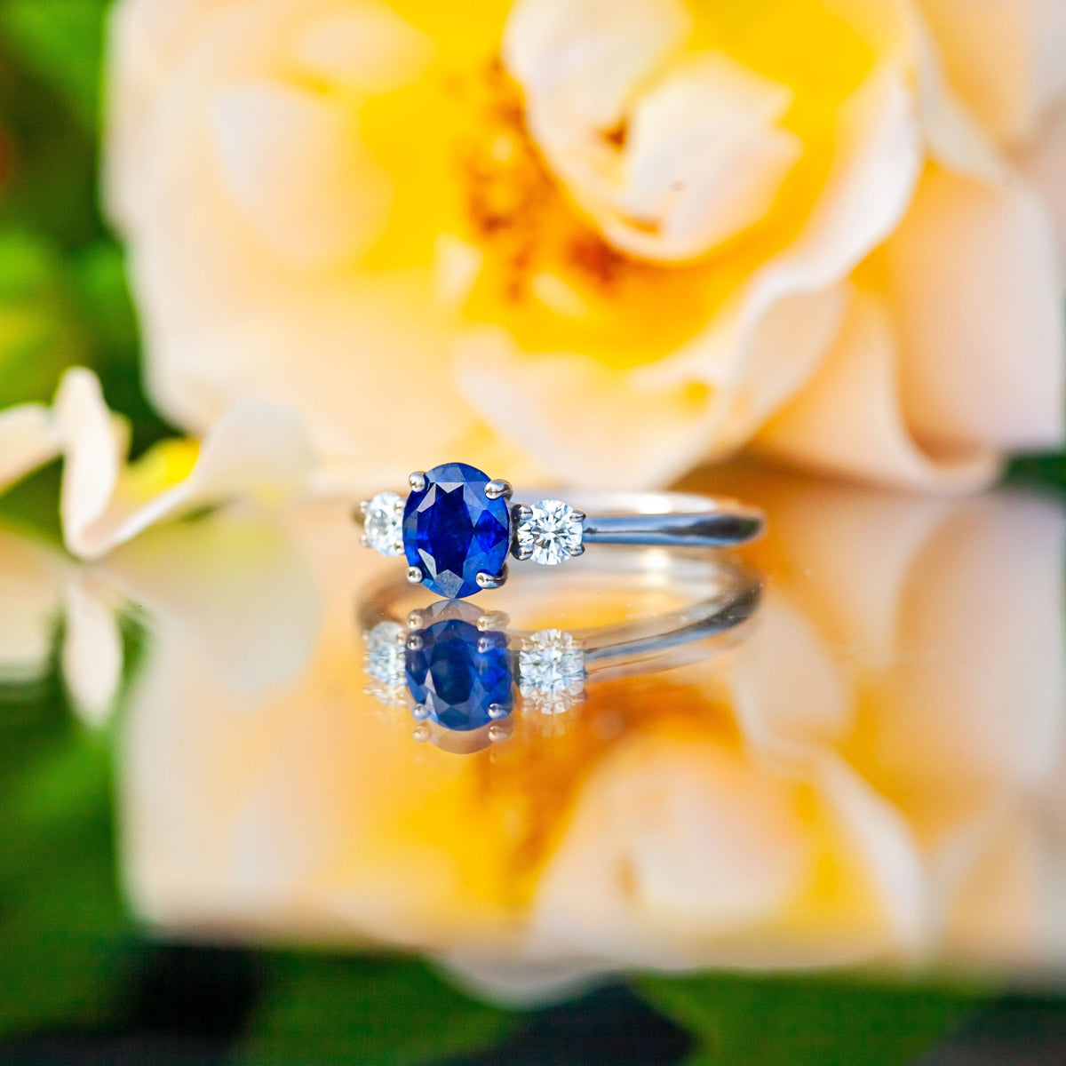 18ct White Gold 0.95ct Sapphire and Diamond Trilogy Ring
