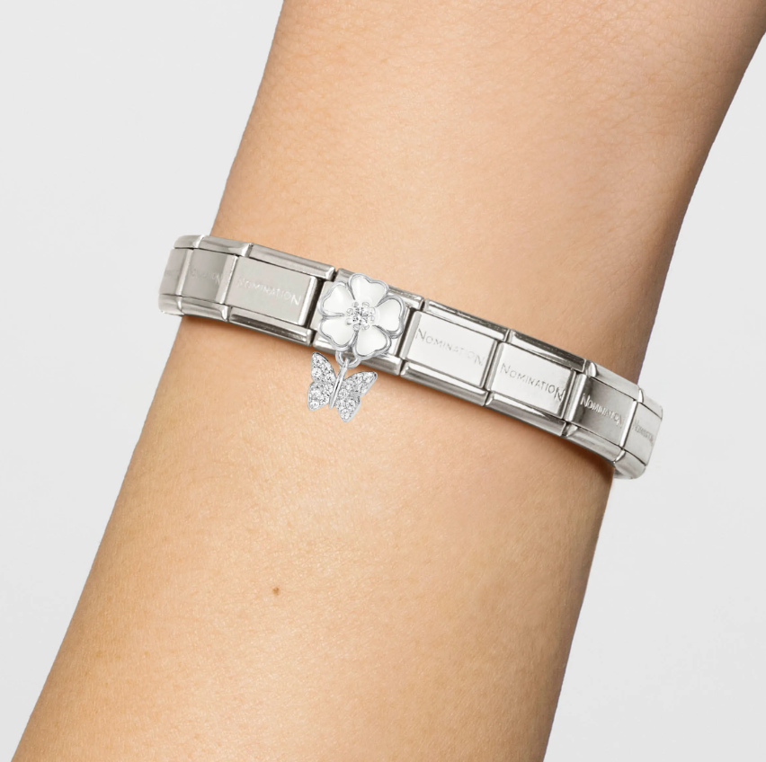 Nomination White Flower with CZ Butterfly Pendant Sterling Silver and Stainless Steel Composable Charm