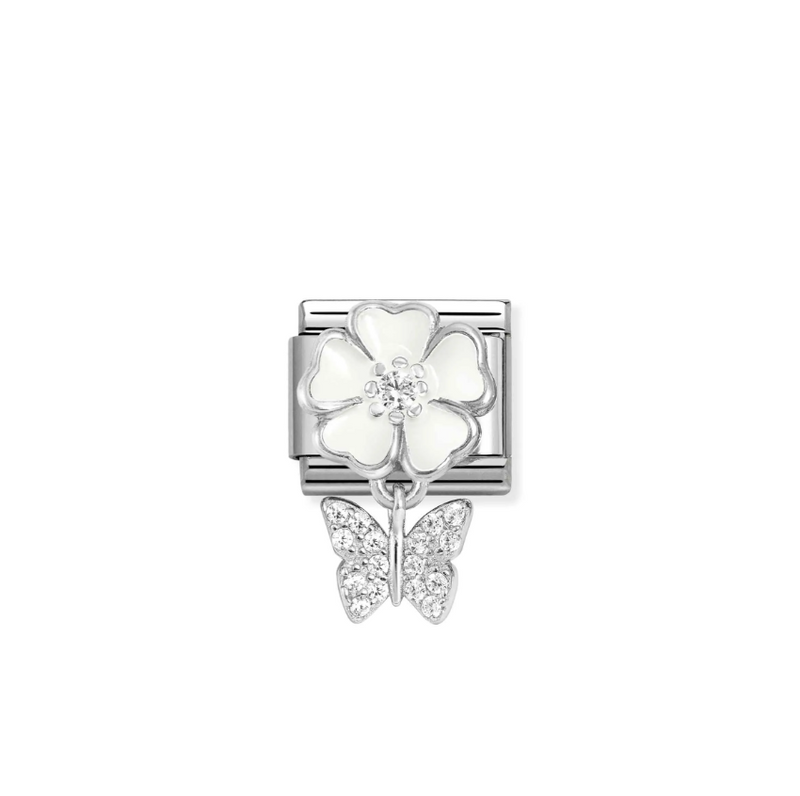 Nomination White Flower with CZ Butterfly Pendant Sterling Silver and Stainless Steel Composable Charm