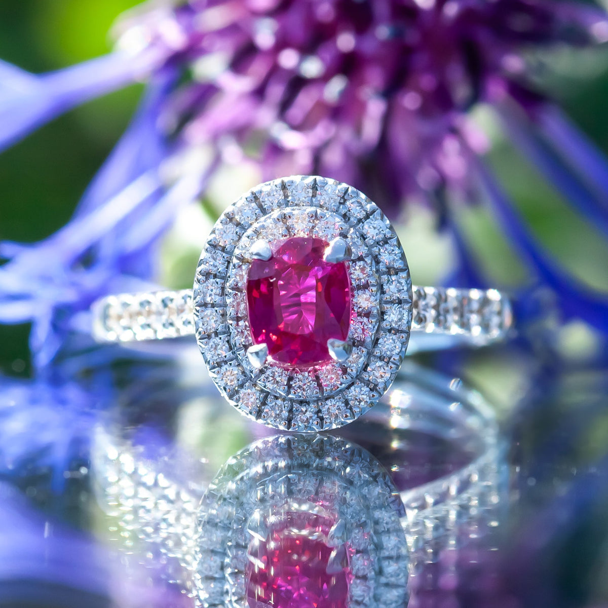 1.11ct Oval Unheated Ruby and 0.36ct Diamond 18ct White Gold Ring