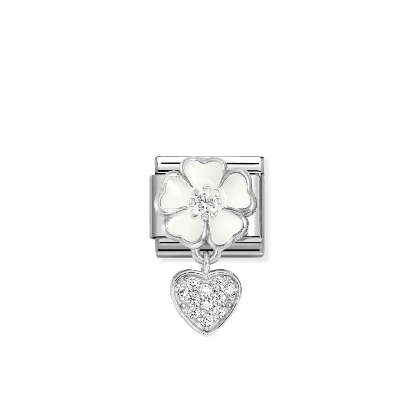 Nomination White Flower with CZ Heart Pendant Sterling Silver and Stainless Steel Composable Charm