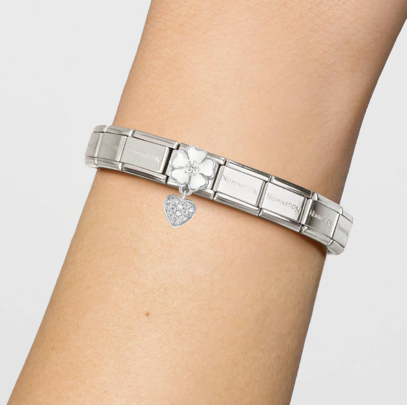 Nomination White Flower with CZ Heart Pendant Sterling Silver and Stainless Steel Composable Charm
