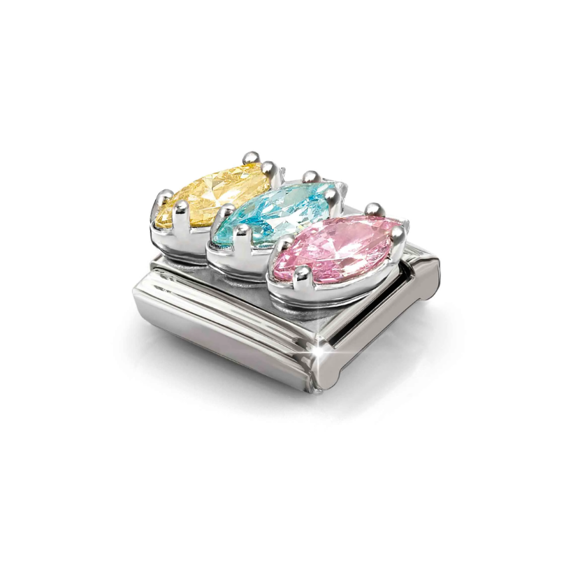 Nomination Blue/Yellow/Pink CZ Trilogy  Sterling Silver and Stainless Steel Composable Charm
